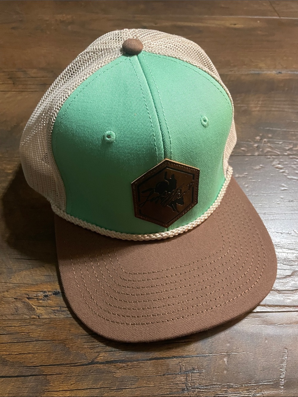 Mint Green and Brown Trucker Hat with Leather Patch